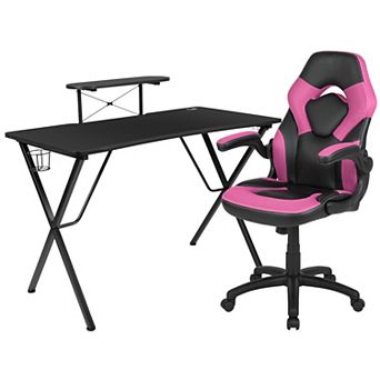 Emma and Oliver Gaming Desk and Racing Chair Set with Headphone Hook, and Monitor Stand