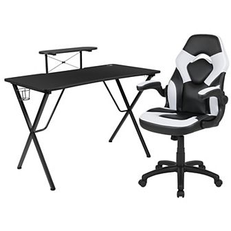 Emma and Oliver Gaming Desk and Racing Chair Set with Headphone Hook, and Monitor Stand