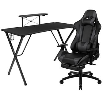 Emma and Oliver Gaming Desk & Chair Set - Cup Holder, Headphone Hook, and Monitor Stand