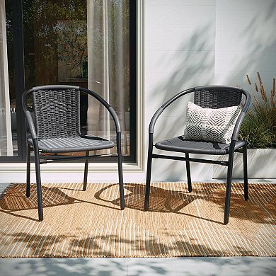 Emma and Oliver 2 Pack Rattan Indoor-Outdoor Restaurant Stack Chair with Curved Back