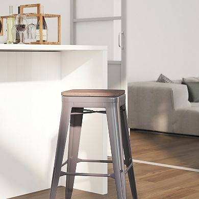 Merrick Lane Hamburg Clear Coated Gray Metal Bar Counter Stool With Textured Walnut Elm Wood Seat