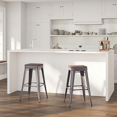 Merrick Lane Hamburg Clear Coated Gray Metal Bar Counter Stool With Textured Walnut Elm Wood Seat