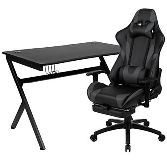 Emma and Oliver Gaming Desk Set - Cup/Headset Holder/Reclining & Footrest