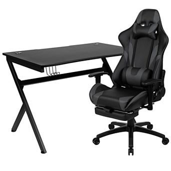 Emma and Oliver Gaming Desk Set - Cup/Headset Holder/Reclining & Footrest