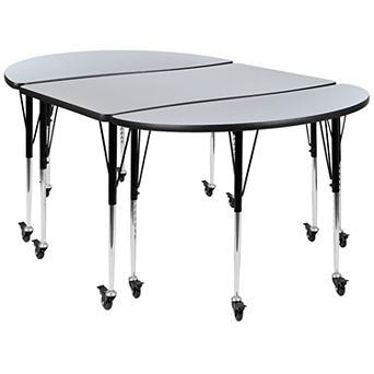 Emma and Oliver 3 Mobile Piece 76" Oval Wave Collaborative Grey Adjustable Activity Table Set