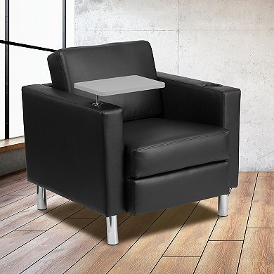 Emma and Oliver Guest Chair with Tablet Arm, Tall Chrome Legs and Cup Holder