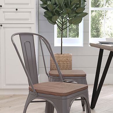 Merrick Lane Stackable Metal Vertical Slat Back Dining Chair with Textured Wood Seat