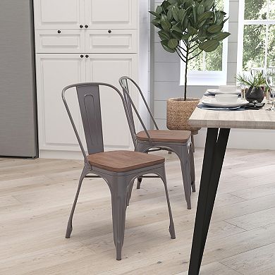 Merrick Lane Stackable Metal Vertical Slat Back Dining Chair with Textured Wood Seat
