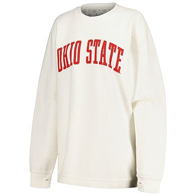 Women's Pressbox White Ohio State Buckeyes Comfy Corded Vintage Wash Basic Arch Pullover Sweatshirt