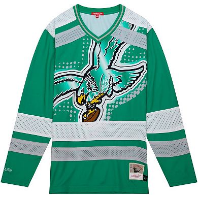Women's Mitchell & Ness Green Philadelphia Eagles Big Face 7.0 Long Sleeve Jersey T-Shirt