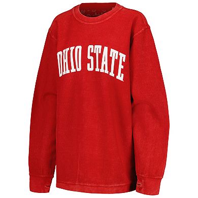 Women's Pressbox Scarlet Ohio State Buckeyes Comfy Corded Vintage Wash Basic Arch Pullover Sweatshirt