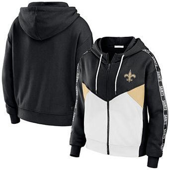 Women's WEAR by Erin Andrews Black/White New Orleans Saints Color Block Light Weight Modest Crop Full-Zip Hoodie