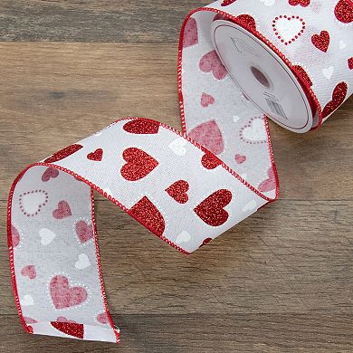 White And Red Glitter Hearts Valentine's Day Wired Craft Ribbon 2.5" X 10 Yards