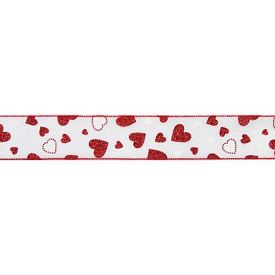 White And Red Glitter Hearts Valentine's Day Wired Craft Ribbon 2.5" X 10 Yards
