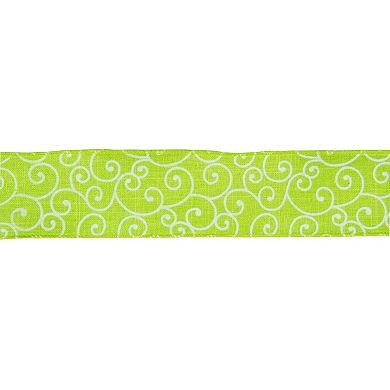 Green And White Swirl Wired Spring Craft Ribbon 2.5" X 10 Yards