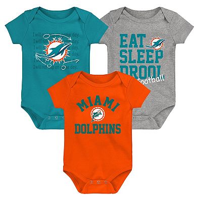 Newborn & Infant Aqua/Orange/Heather Gray Miami Dolphins Three-Pack Eat, Sleep & Drool Retro Bodysuit Set