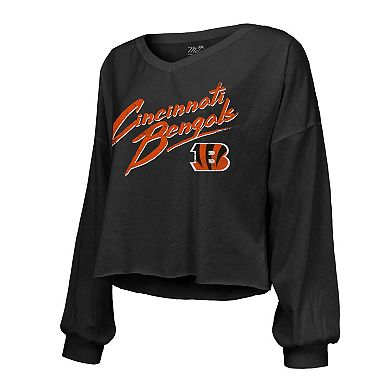 Women's Majestic Threads Joe Burrow Black Cincinnati Bengals Name & Number Off-Shoulder Script Cropped Long Sleeve V-Neck T-Shirt