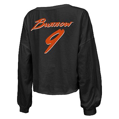 Women's Majestic Threads Joe Burrow Black Cincinnati Bengals Name & Number Off-Shoulder Script Cropped Long Sleeve V-Neck T-Shirt