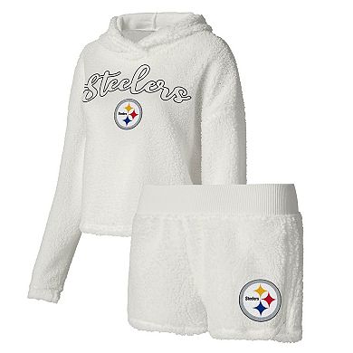 Women's Concepts Sport White Pittsburgh Steelers Fluffy Pullover Sweatshirt & Shorts Sleep Set