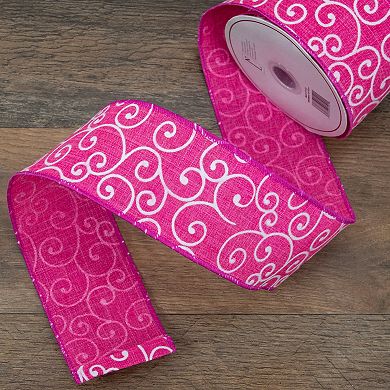 Pink And White Swirl Wired Spring Craft Ribbon 2.5" X 10 Yards