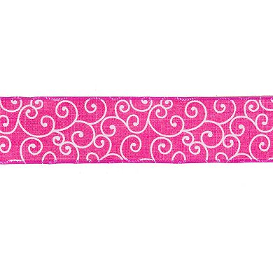 Pink And White Swirl Wired Spring Craft Ribbon 2.5" X 10 Yards