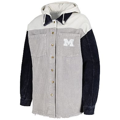 Women's Gameday Couture Gray Michigan Wolverines Vintage Wash Corduroy Full-Snap Hooded Shacket