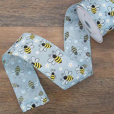 Blue Bumblebee Design Wired Spring Craft Ribbon 2.5" X 10 Yards