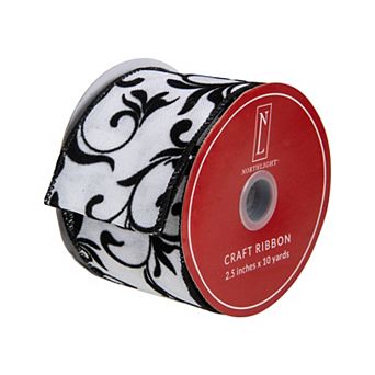Black Grosgrain With White Floral Design Wired Craft Ribbon 2.5" X 10 Yards
