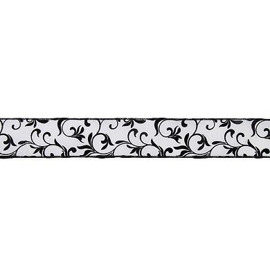 Black Grosgrain With White Floral Design Wired Craft Ribbon 2.5" X 10 Yards