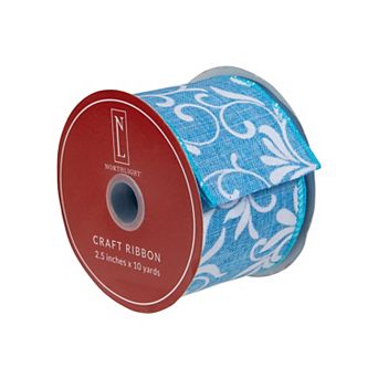 Blue With White Floral Design Wired Craft Ribbon 2.5" X 10 Yards