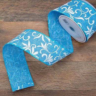 Blue With White Floral Design Wired Craft Ribbon 2.5" X 10 Yards