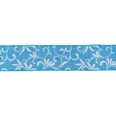 Blue With White Floral Design Wired Craft Ribbon 2.5" X 10 Yards