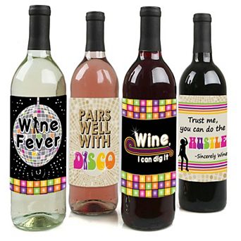 Big Dot Of Happiness 70's Disco - 1970's Disco Fever Party Wine Bottle Label Stickers 4 ct