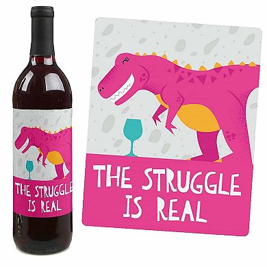 Big Dot Of Happiness Roar Dinosaur Girl Dino Mite T-rex Party Wine Bottle Label Stickers 4 Ct