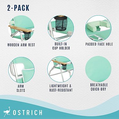 Ostrich Deluxe Padded 3-n-1 Outdoor Folding Reclining Beach Chair, Teal (2 Pack)