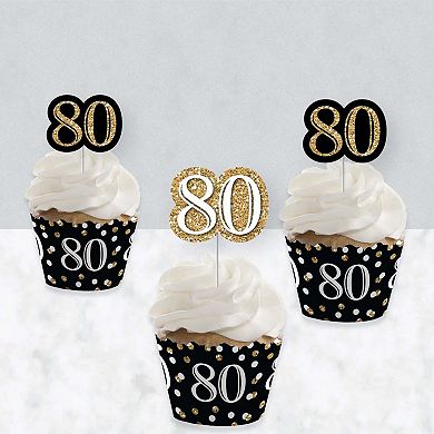 Big Dot Of Happiness Adult 80th Birthday - Gold - Cupcake Wrappers & Treat Picks Kit - 24 Ct