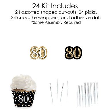 Big Dot Of Happiness Adult 80th Birthday - Gold - Cupcake Wrappers & Treat Picks Kit - 24 Ct