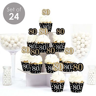Big Dot Of Happiness Adult 80th Birthday - Gold - Cupcake Wrappers & Treat Picks Kit - 24 Ct