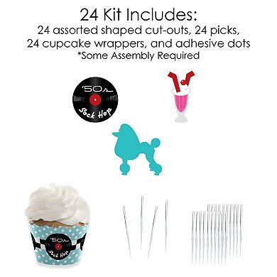 Big Dot Of Happiness 50's Sock Hop Decor - 1950s Cupcake Wrappers & Treat Picks Kit 24 Ct