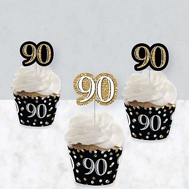 Big Dot Of Happiness Adult 90th Birthday - Gold - Cupcake Wrappers & Treat Picks Kit - 24 Ct