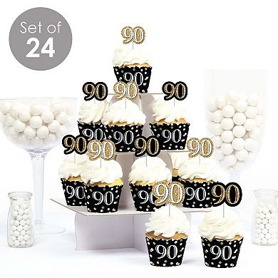 Big Dot Of Happiness Adult 90th Birthday - Gold - Cupcake Wrappers & Treat Picks Kit - 24 Ct