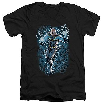 Justice League Of America Black Lightning Bolts Short Sleeve Adult V Neck T-shirt