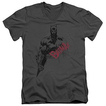 Batman Sketch Bat Red Logo Short Sleeve Adult V Neck T-shirt
