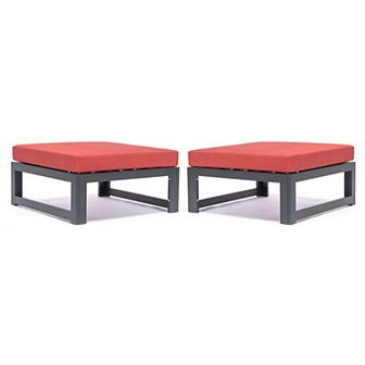 LeisureMod Chelsea Outdoor Patio Black Aluminum Ottomans With Cushions Set Of 2