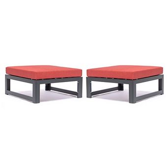LeisureMod Chelsea Outdoor Patio Black Aluminum Ottomans With Cushions Set Of 2
