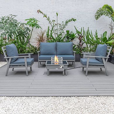 LeisureMod Walbrooke Modern Grey Patio Conversation With Square Fire Pit & Tank Holder