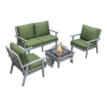 LeisureMod Walbrooke Modern Grey Patio Conversation With Square Fire Pit & Tank Holder