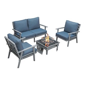 LeisureMod Walbrooke Modern Grey Patio Conversation With Square Fire Pit & Tank Holder