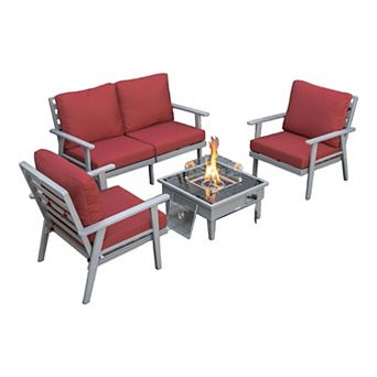 LeisureMod Walbrooke Modern Grey Patio Conversation With Square Fire Pit & Tank Holder