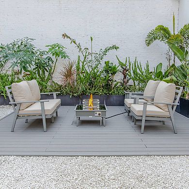 LeisureMod Walbrooke Modern Grey Patio Conversation With Square Fire Pit With Slats Design & Tank Holder